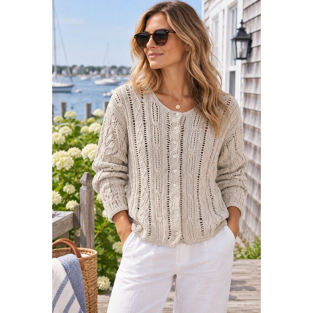 Vintage GAP 90s Cable Knit Cardigan Sweater Chunky Cotton Linen Coastal Top